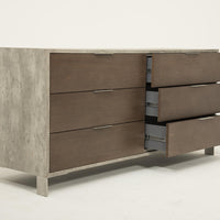 30" Dark Walnut Veneer, Steel, and Concrete Dresser with 6 Drawers