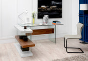 30" White and Walnut Veneer MDF and Glass Desk with Shelves