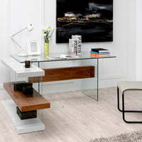 30" White and Walnut Veneer MDF and Glass Desk with Shelves