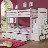 97" X 43" X 68" Twin Over Twin White Storage Ladder And Trundle  Bunk Bed