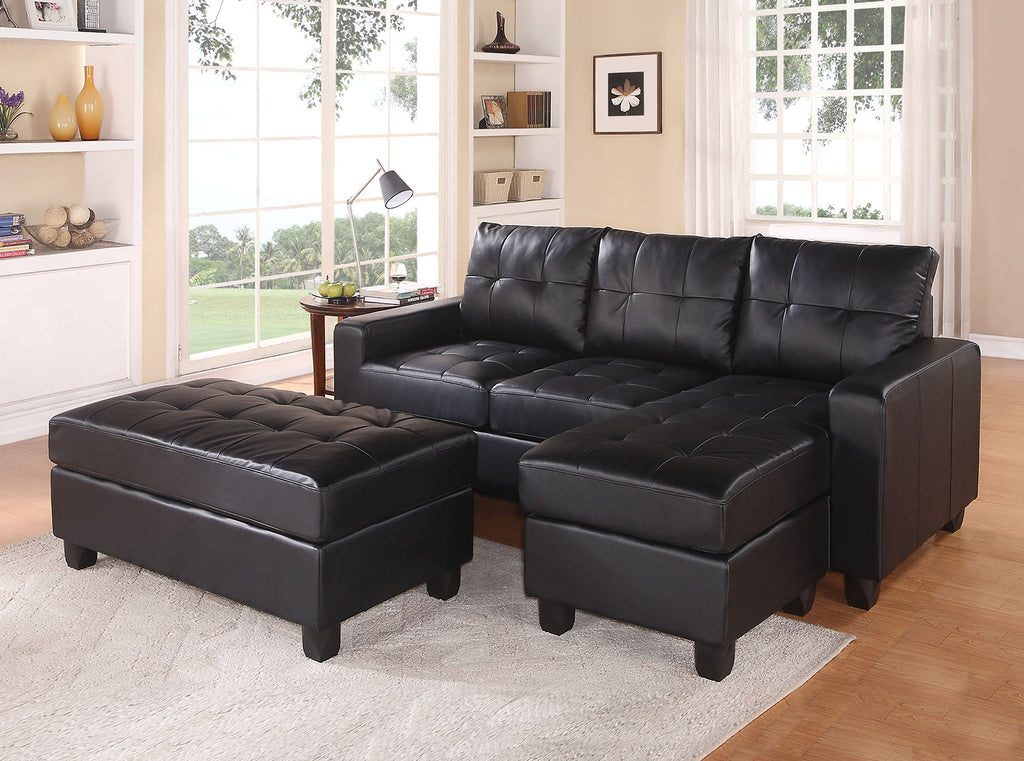 83" X 57" X 35" Black Bonded Leather Match Sectional Sofa With Ottoman