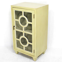 31" Beige Wood Clear Glass Accent Cabinet with a Door and Lattice Inserts