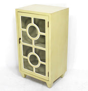 31" Beige Wood Clear Glass Accent Cabinet with a Door and Lattice Inserts