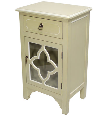 Beige Wood Clear Glass Accent Cabinet with a Drawer, a Door & Quatrefoil Inserts