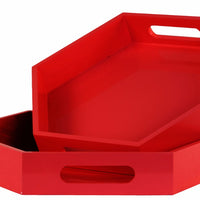 Sturdy Hexagon Serving Tray with Cutout Handles, Set of 2-Red
