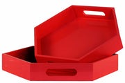Sturdy Hexagon Serving Tray with Cutout Handles, Set of 2-Red