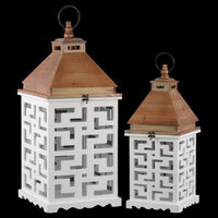 Wood Square Lantern with Lattice Design Body Set of 2 - White