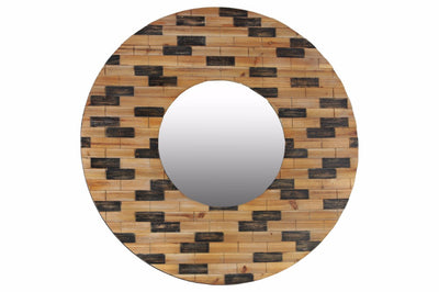 Wood Round Wall Mirror with Brick Design Frame - Brown