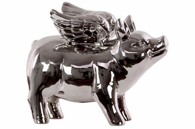 Standing Winged Pig Figurine Polished Chrome Finish-Silver
