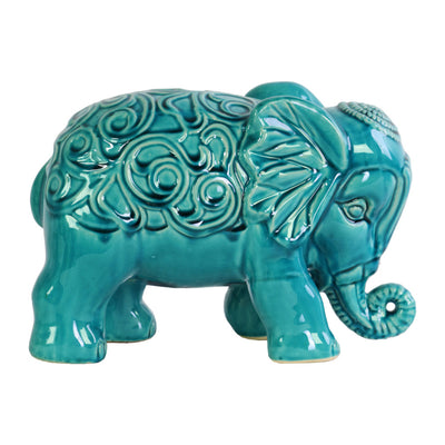 Standing Elephant Figurine with Embossed Swirl Design Blue