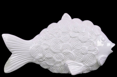 Ceramic Fish Figurine with Round Swirl Scales- Large- White