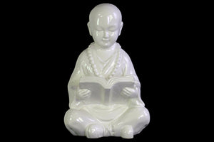Buddhist Acolyte Figurine Studying a Reading Material - White