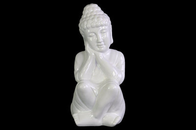 Buddha Figurine with Rounded Ushnisha and Head on Hands - White