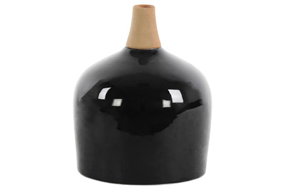 Round Moluccan Vase with Wood Neck -  Large - Black