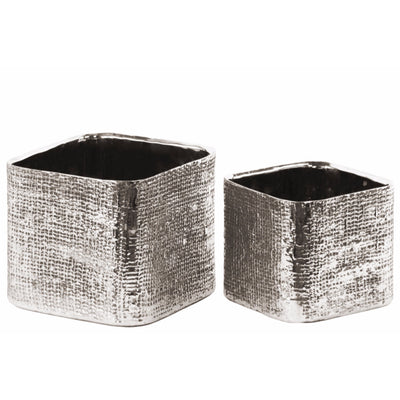 Square Planter with Engraved Crises Cross Design, Set of 2 ,Silver