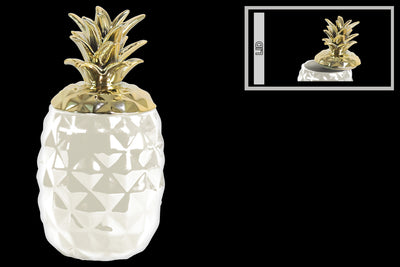 Ceramic Pineapple Canister with Gold Lid- White