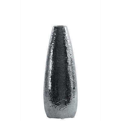 Ceramic Oval Vase with Recessed Lip and Hammered Design- Small- Silver