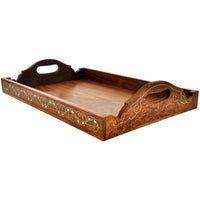 Handmade Mango Wood Serving Tray With Brass Inlays Work