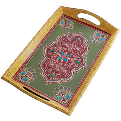Hand Painted Antique-Look Serving Tray In Mango Wood