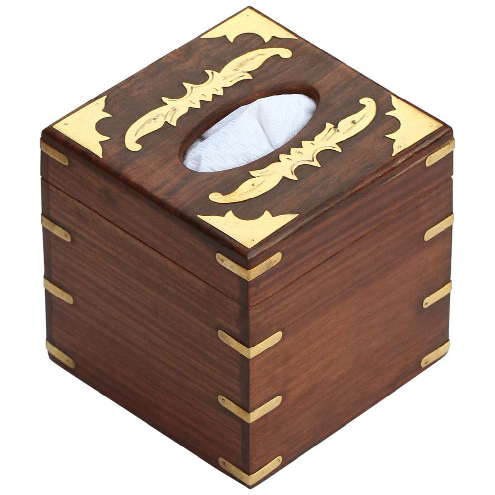 Handmade Upright Tissue Holder Box In Wood With Brass Inlays