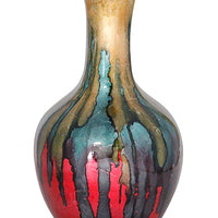 18" Foiled & Lacquered Ceramic Vase - Ceramic, Lacquered In Gold, Green, Blue And Red
