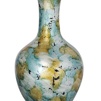 18" Foiled & Lacquered Ceramic Vase - Ceramic, Lacquered In Mint And Gold W- Black Sh