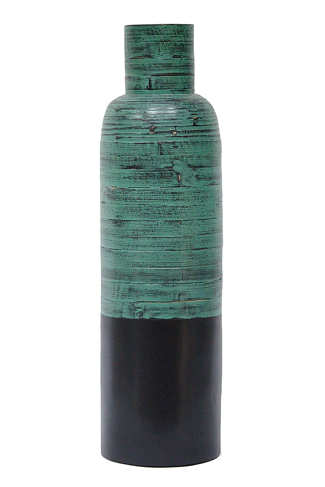 36 Spun Bamboo Bottle Vase - Bamboo In Distressed Blue & Matte Black