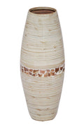 24" Spun Bamboo Vase - Bamboo In Distressed White W- Coconut Shell