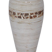 19" Spun Bamboo Vase - Bamboo In Distressed White W- Coconut Shell
