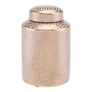 7.7" X 7.7" X 11.8" Gold And White Ceramic Covered Jar