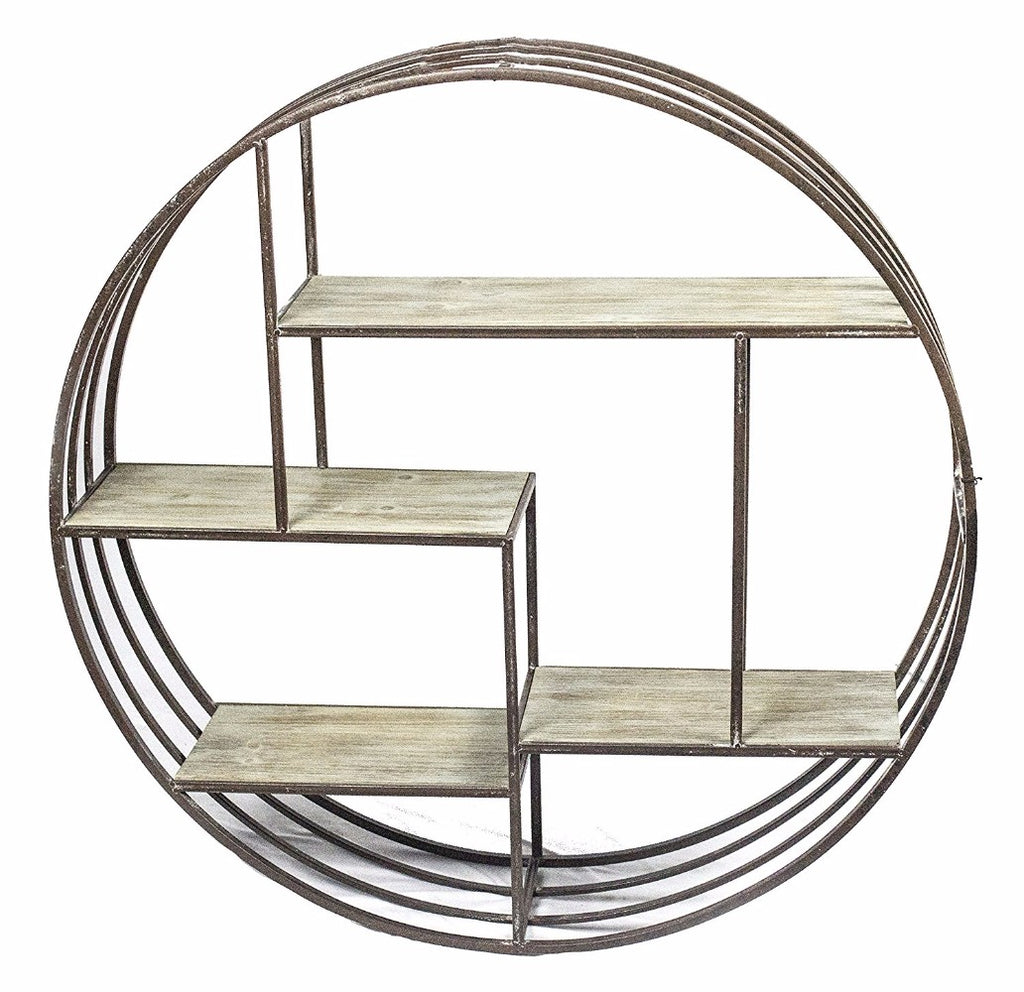 Round Metal Wall Shelf With Wooden Shelves, Brown