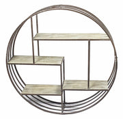 Round Metal Wall Shelf With Wooden Shelves, Brown