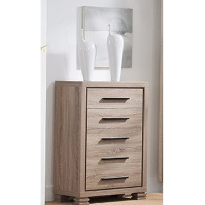Elegant Brown Finish Chest With Five Drawers On Metal Glides.