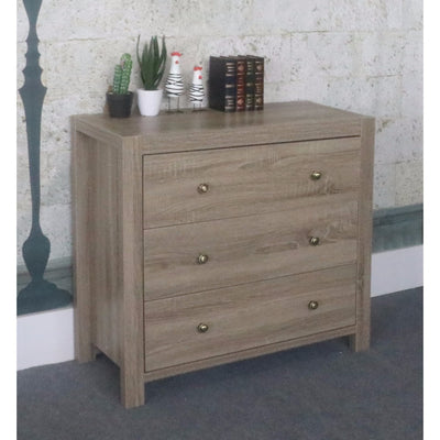 3 Drawer Storage Chest With Brass Knob, Brown Finish