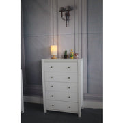 Spacious Gleaming White Finish 5 Drawer Storage Chest With Metal Glides.