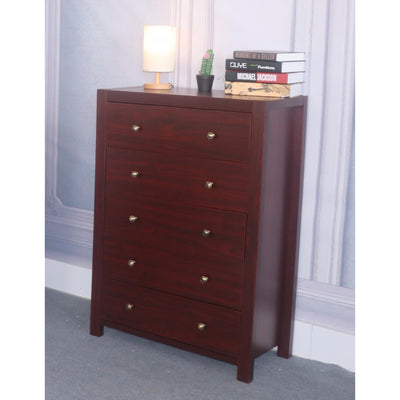 5 Drawer Chest With Metal Glides And Brass Knob, Dark Brown Finish.