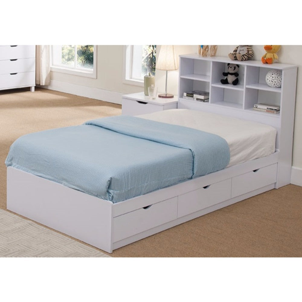 Sophisticated Snow White Finish Twin Size Chest Bed With 3 Drawers.