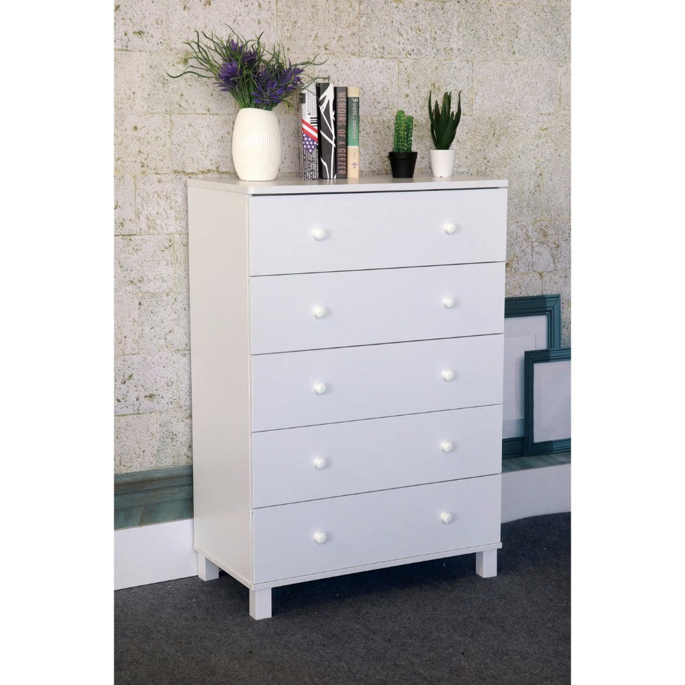 Gleaming White Finish Chest With 5 Drawers On Metal Glides.