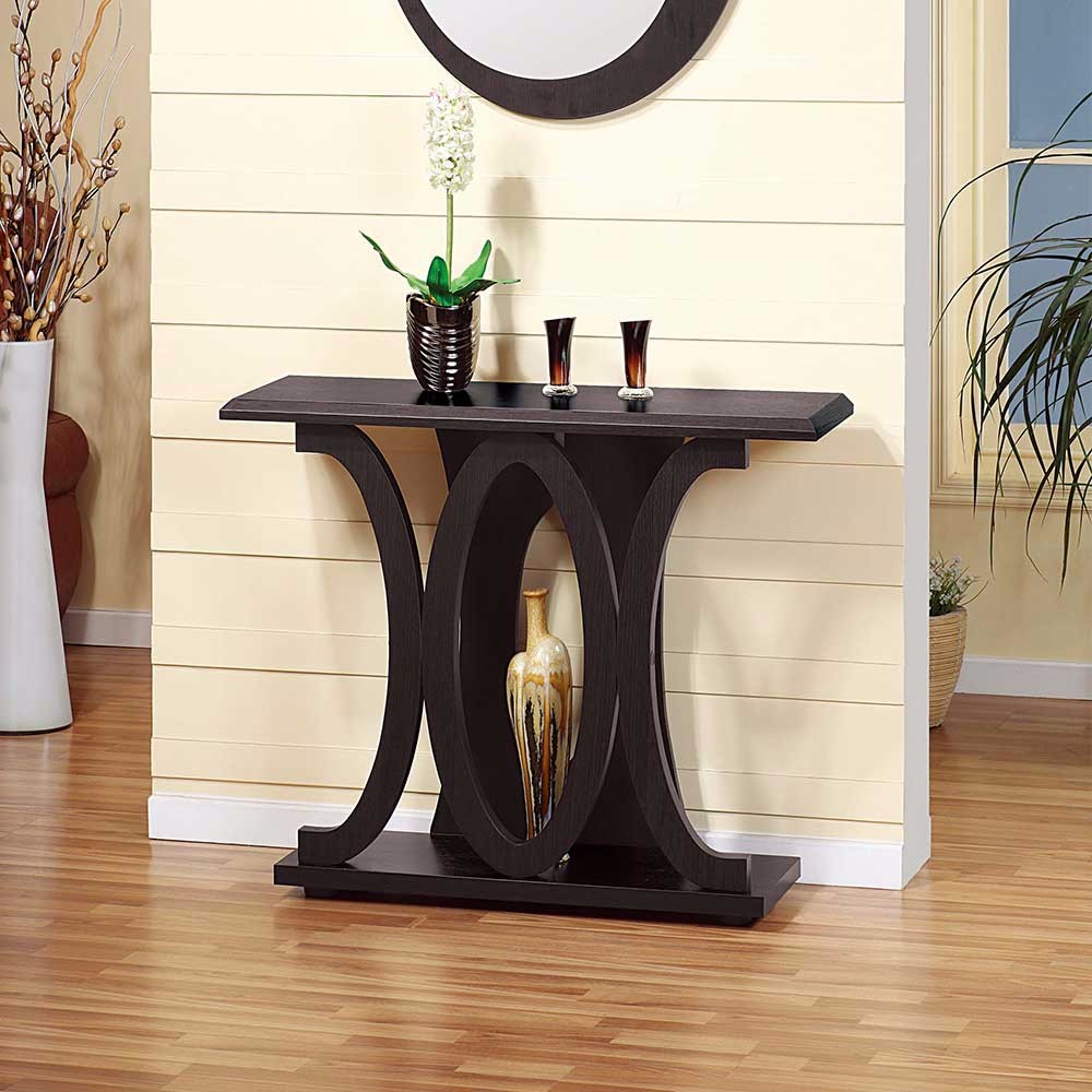 Stylish Console Table With Base Shelf, Dark Brown