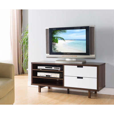 Two Toned Compact TV Stand With Display Decks, Dark Brown and White