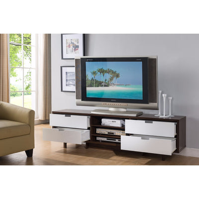 Sophisticatedly Designed TV Stand With Four Drawers, Dark Brown and White