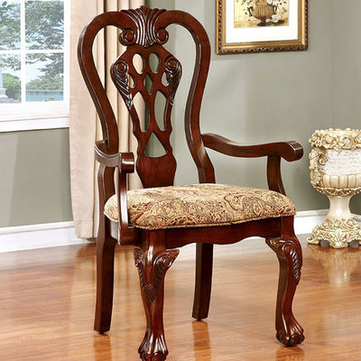 Traditional Arm Chair With Fabric, Brown Cherry Finish, Set Of 2