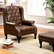 Traditional Wing Accent Chair In Nail Head, Rustic Brown Finish