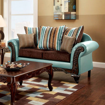Wondrous Cushy Love Seat Transitional Style, Teal & Brown