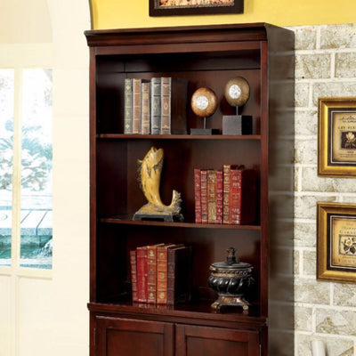 Transitional Style Book Shelf With Multiple Drawers, Cherry