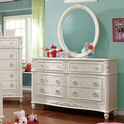 Voguish And Chic Wooden Dresser In Fairy Tale Style With Floral Carved Motif, White