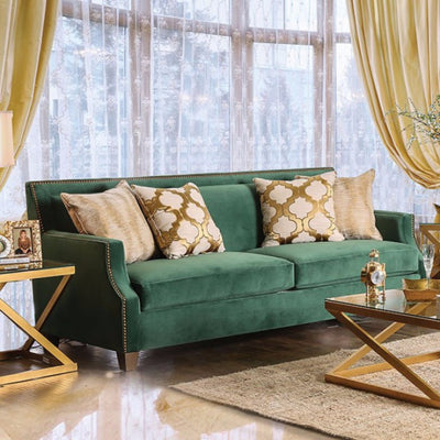 Gorgeous Emerald Green Sofa With Gold Tonned Pillows