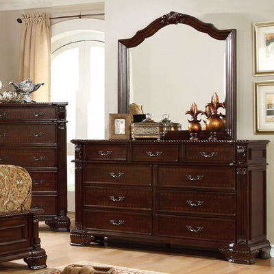 Splendidly Carved Wooden Dresser In Transitional Style, Brown Cherry