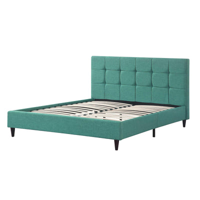 Queen Blue Modern Upholstered Square Stitched Platform Bed