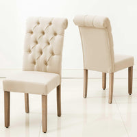 Ivory Roll Top Tufted Linen Fabric Modern Dining Chair in a Set of 2